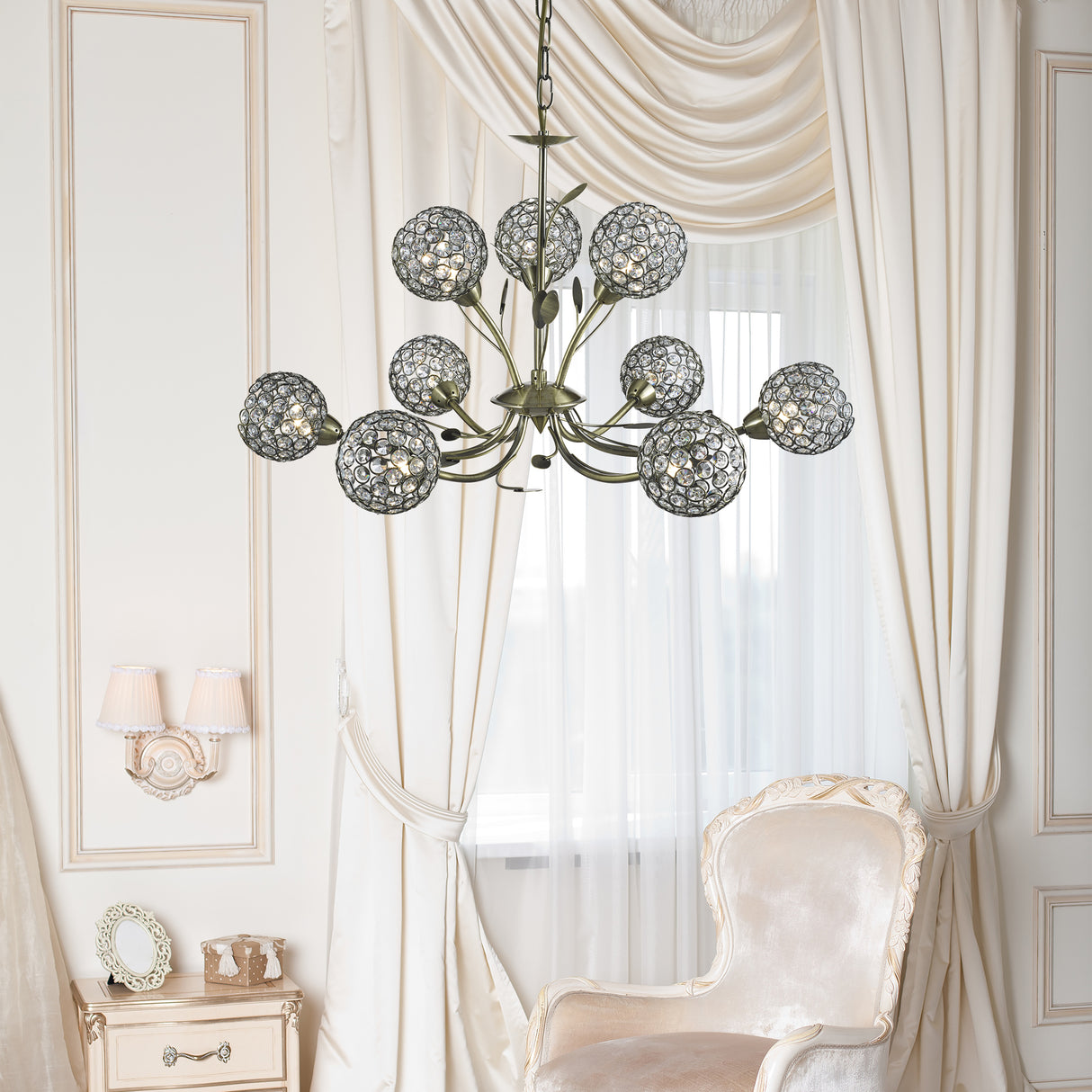 Searchlight Electric Bellis Ii 9Lt Pendant - Antique Brass & Clear Crystal Beads 5579-9AB