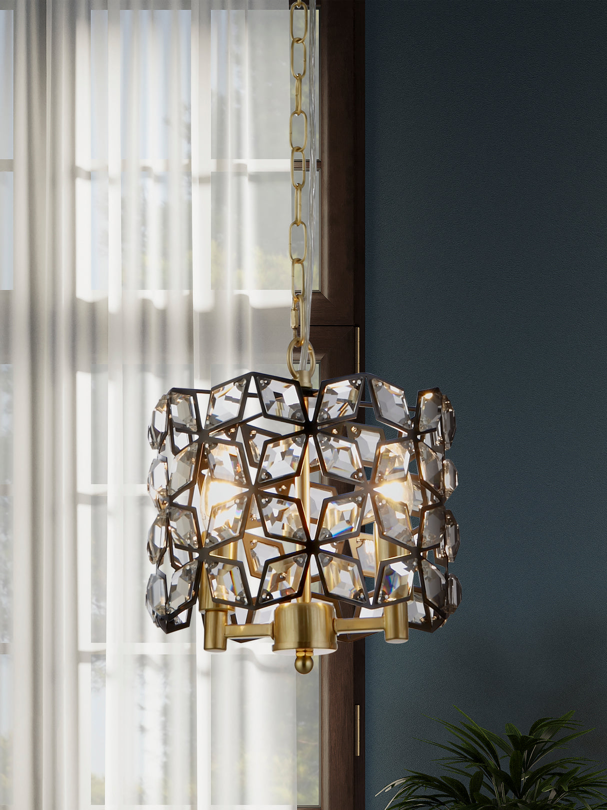 Searchlight Electric Iris 2Lt 25cm Round Pendant- Black Metal, Crystal & Brass 59811-2BSB