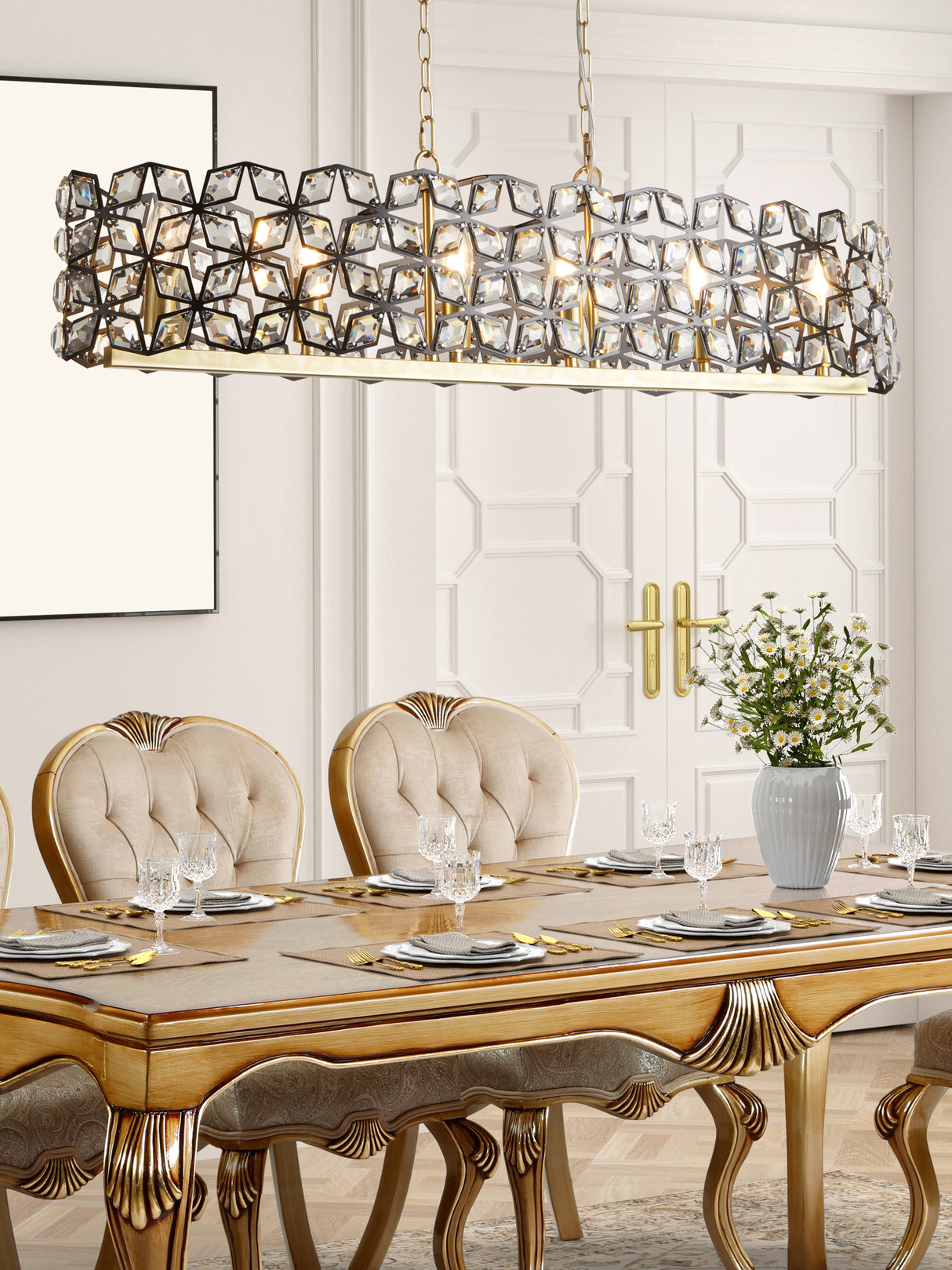 Searchlight Electric Iris 6Lt 100cm Long Bar Pendant - Black Metal, Crystal&Brass 59811-6BSB