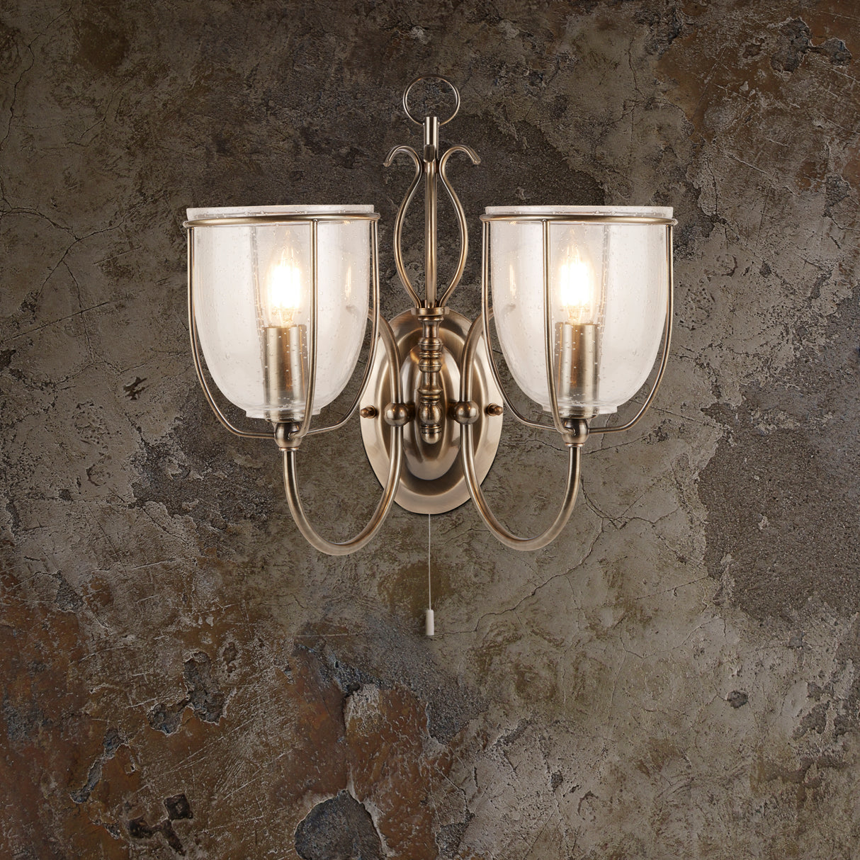 Searchlight Electric Silhouette 2Lt Wall Light - Antique Brass & Seeded Glass 6352-2AB
