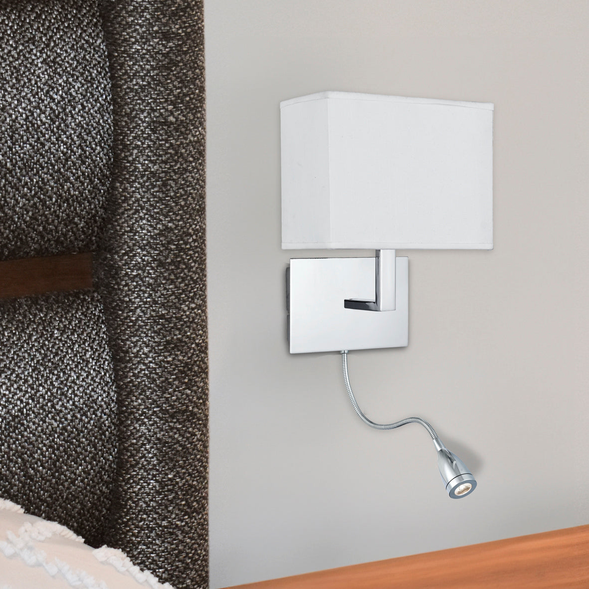 Searchlight Electric Hotel Wall Light - Chrome Metal & White Fabric Shade 6519CC