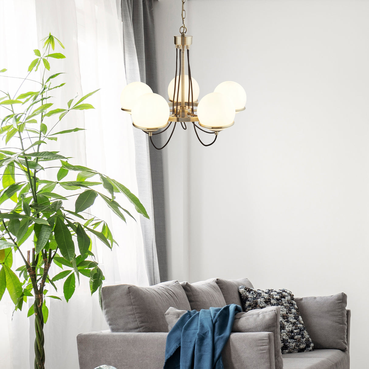 Searchlight Electric Sphere 5Lt Pendant - Antique Brass Metal & Opal Glass 7095-5AB