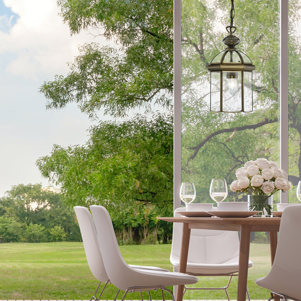 Searchlight Electric Bevelled Lantern - Antique Brass Metal & Clear Glass 7131AB