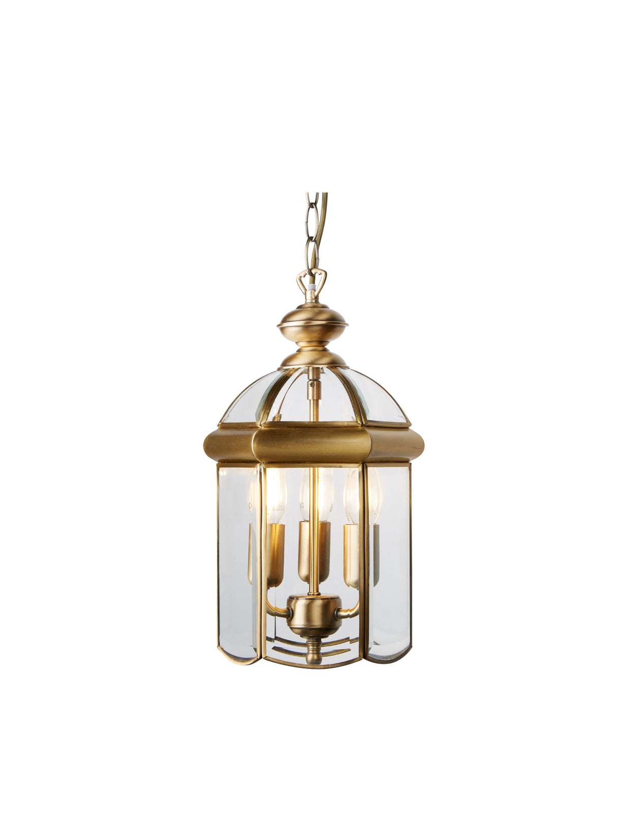 Bevelled Lantern 3Lt Pendant - Antique Brass Metal & Glass