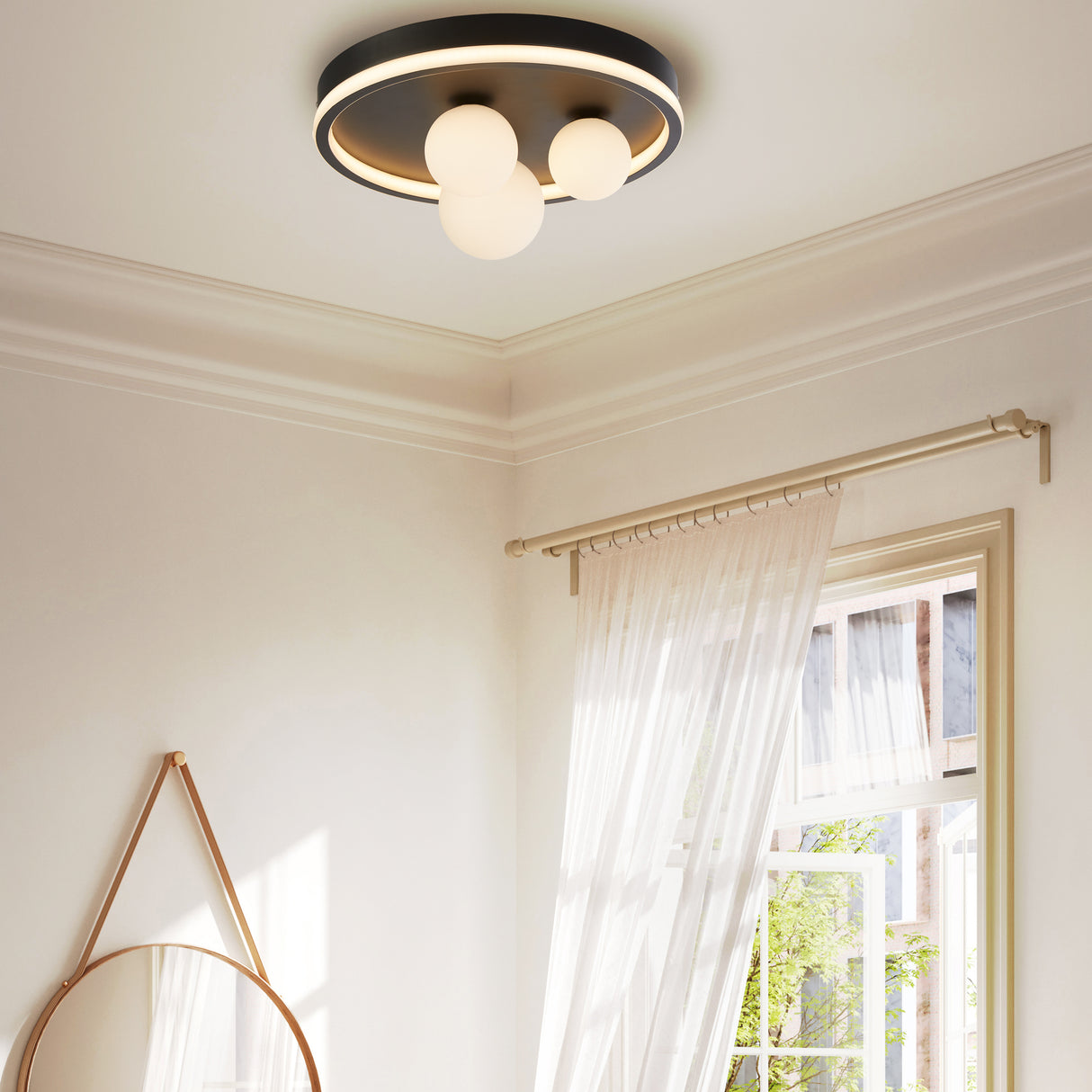 Searchlight Electric Trident 3Lt LED Flush, Black Metal and Opal Glass Balls 73380BK