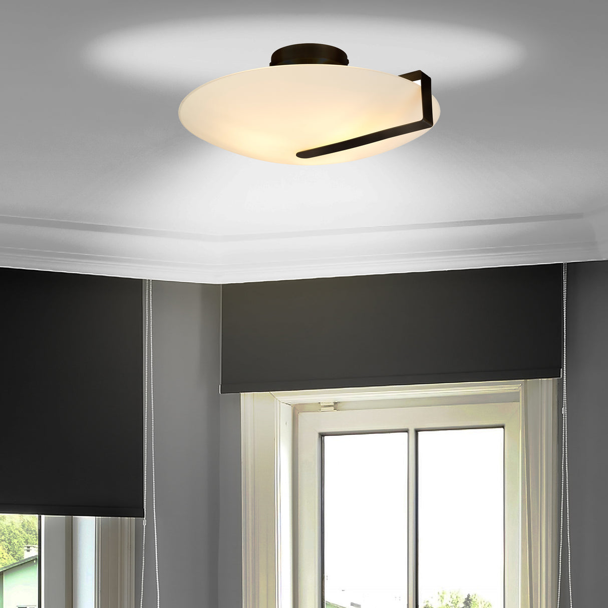 Searchlight Electric Sundial Flush - Black Metal & Frosted Glass 73990-3BK