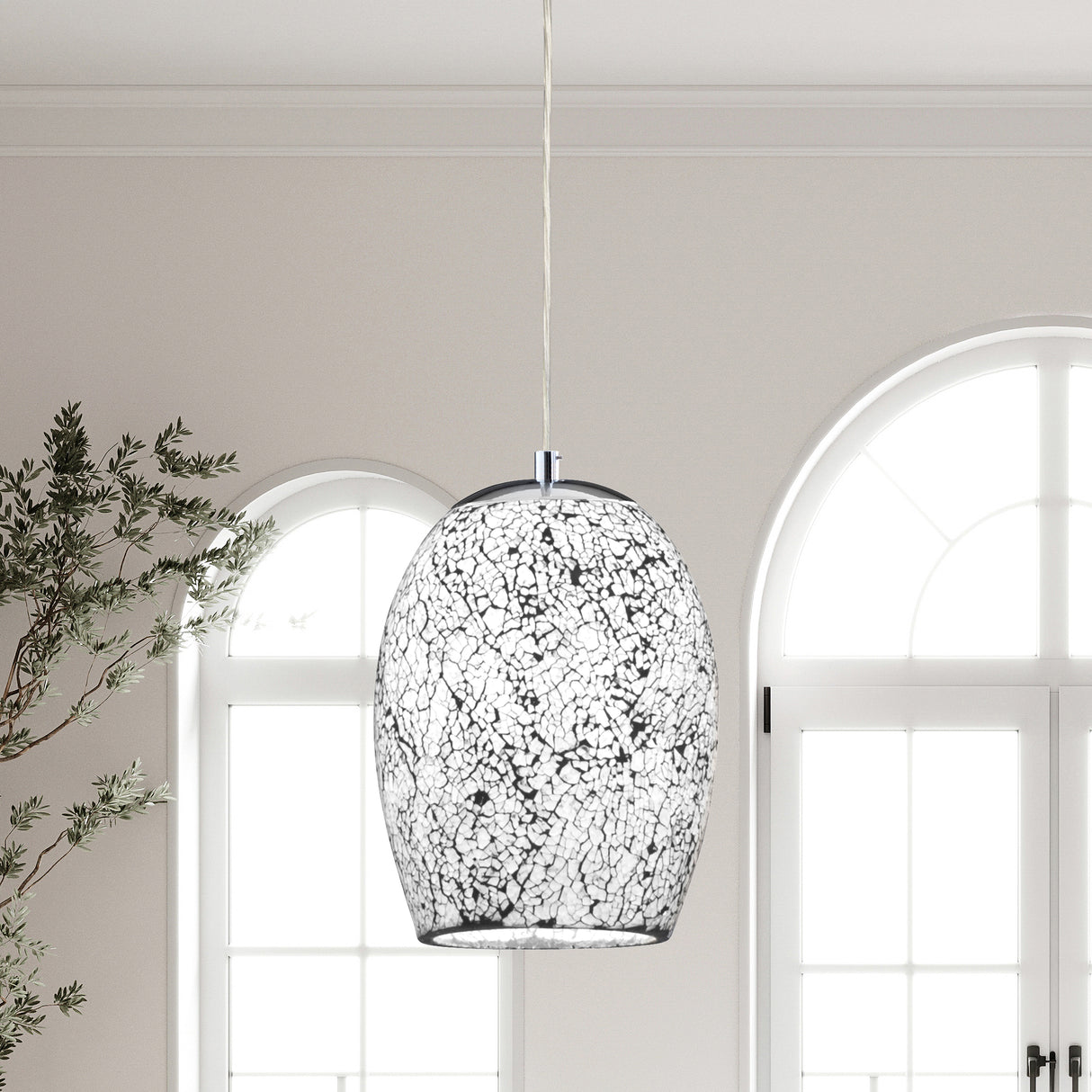 Searchlight Electric Crackle Pendant - Satin Silver & Crackled White Glass 8069WH