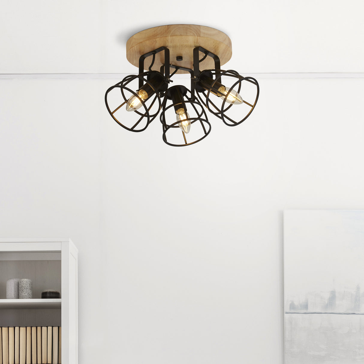 Searchlight Electric Vision 3Lt Round Ceiling Light - Matt Black Metal & Wood 81698-3BK