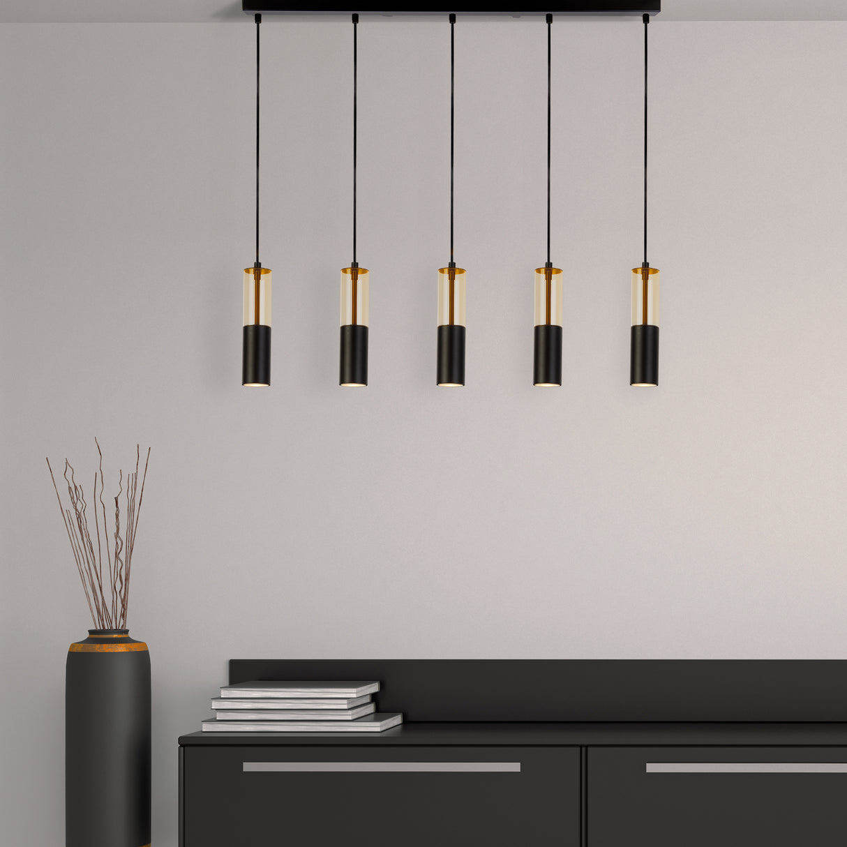 Searchlight Electric Merrygold 5Lt Bar Pendant - Black Metal & Amber Acrylic 82121-5BK