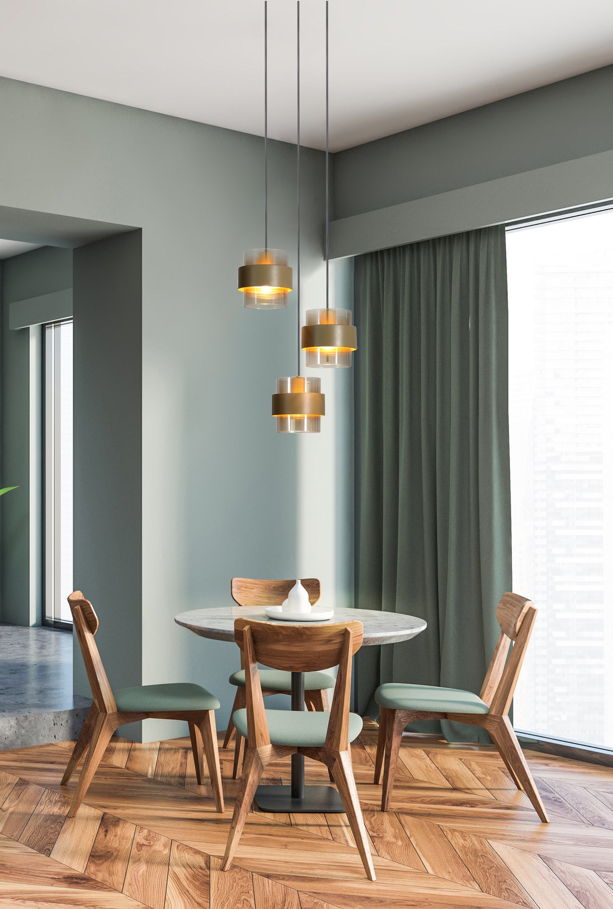 Searchlight Electric Royal 3Lt Multi Drop Pendant, Sand Metal, Amber Ribbed Glass 82433-3SA