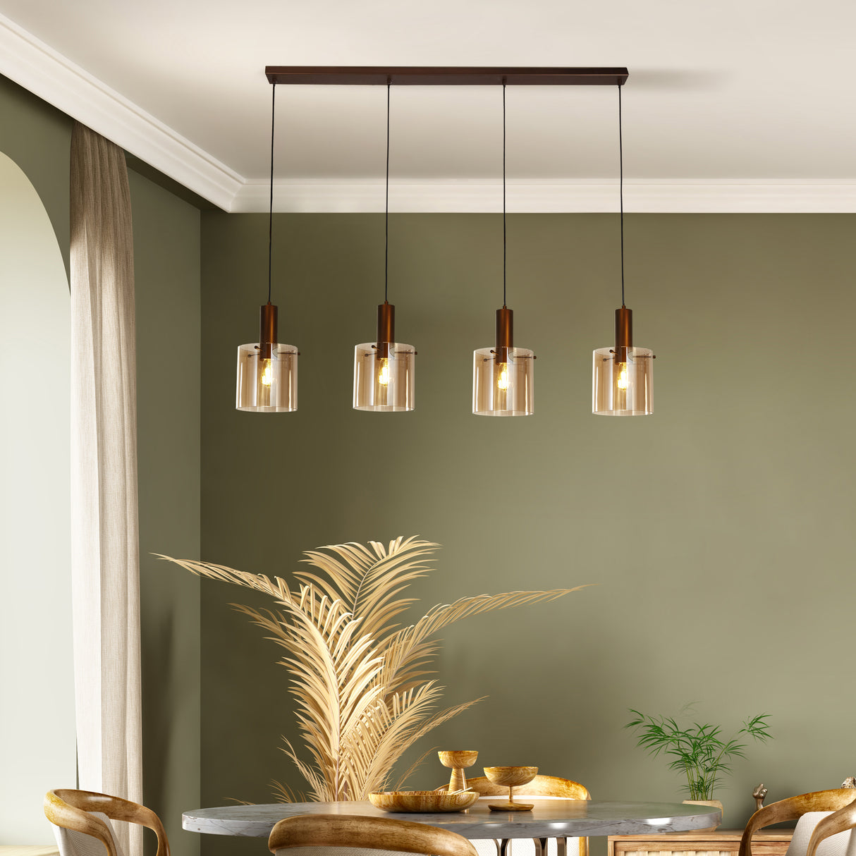 Searchlight Electric Sweden 4Lt Bar Pendant - Mocha Metal & Amber Glass 88910-4MO