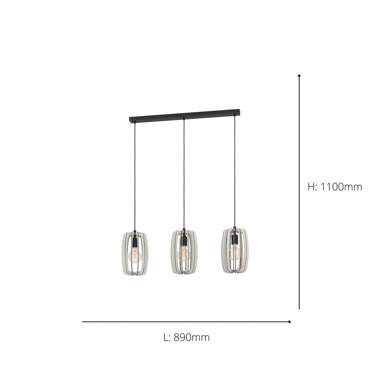 Eglo EU Bajazzara Black Steel & Grey Wood 3-Light Pendant