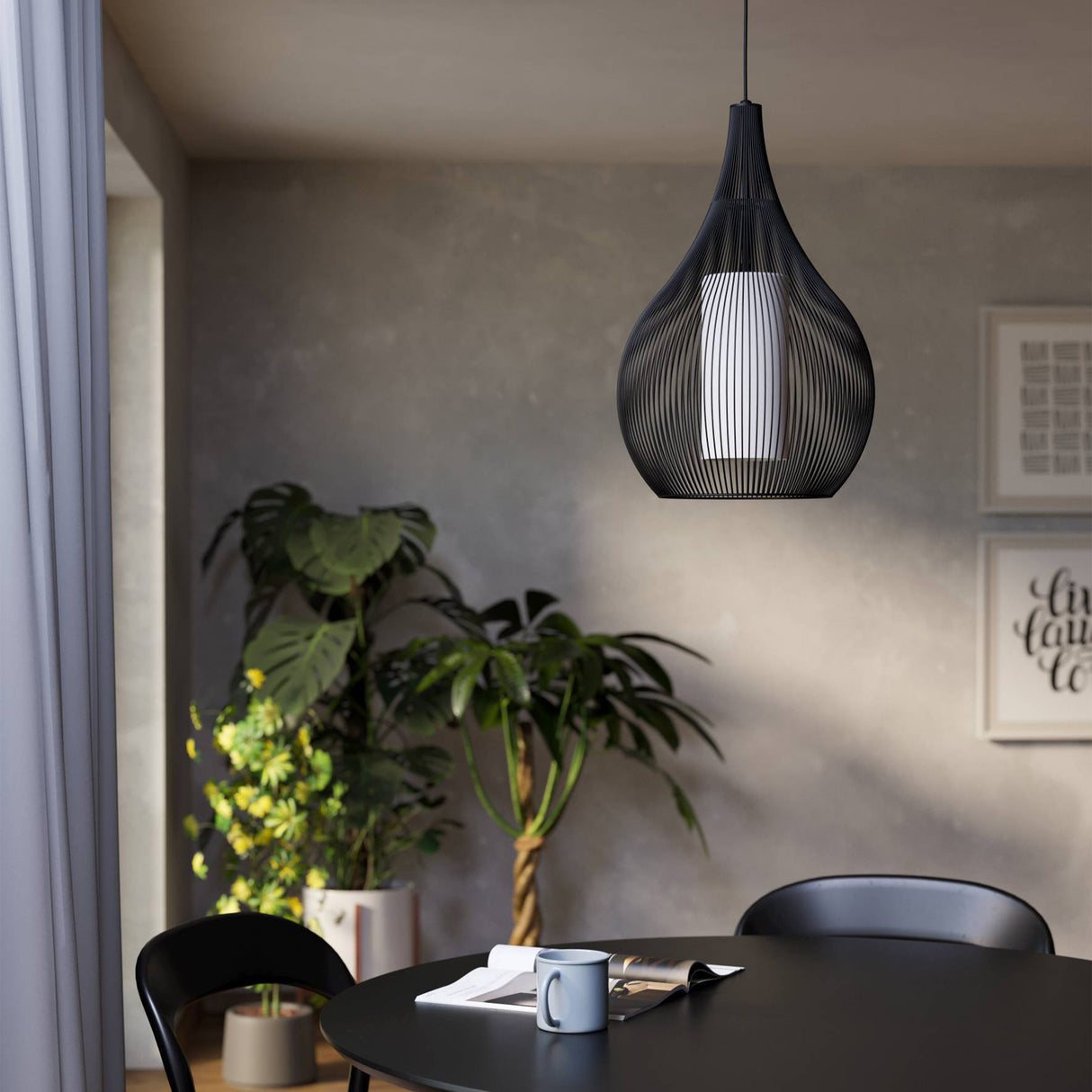 Eglo EU RAZONI 1 Pendant Light – Black Steel & Glass Design, E27 Fitting, 325mm Indoor Pendant Light