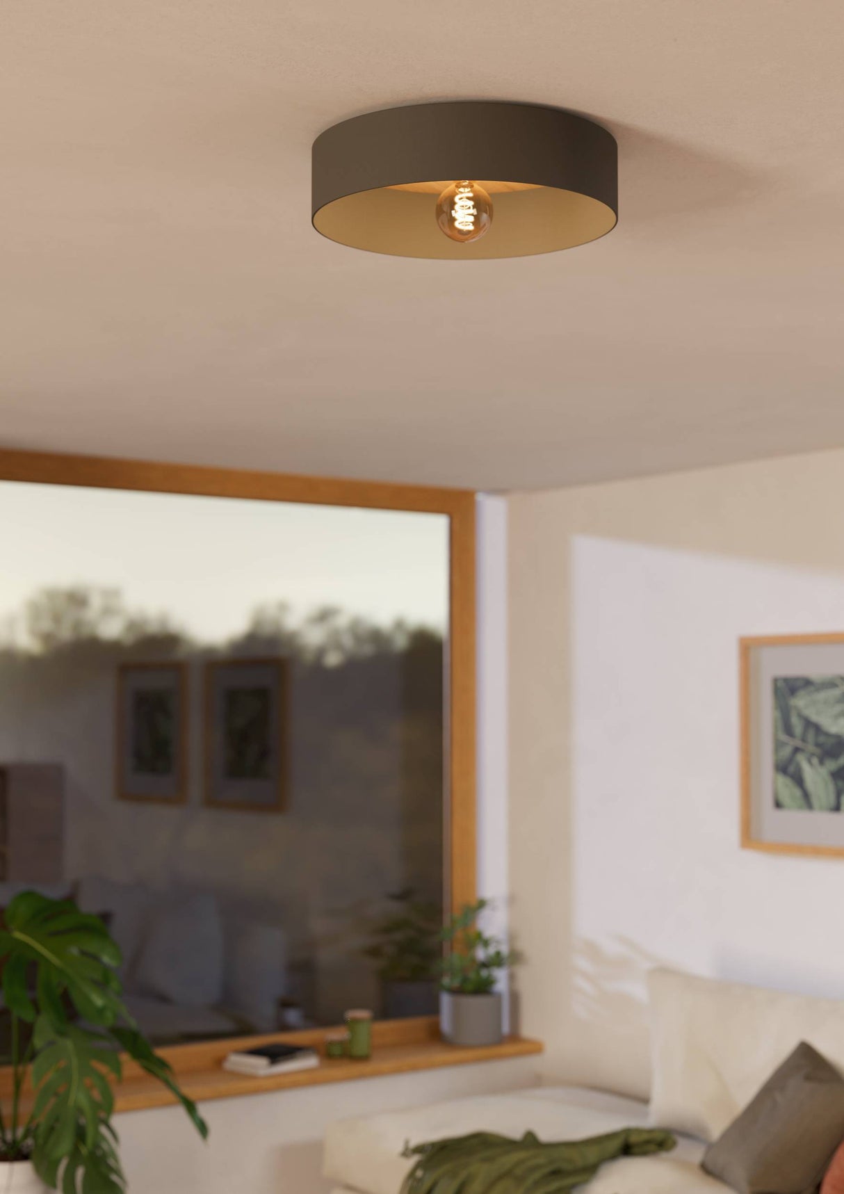Eglo EU DUAIA Ceiling Light – Umbra Grey & Wood Design with Brushed Brass Detail, E27, Indoor Lighting