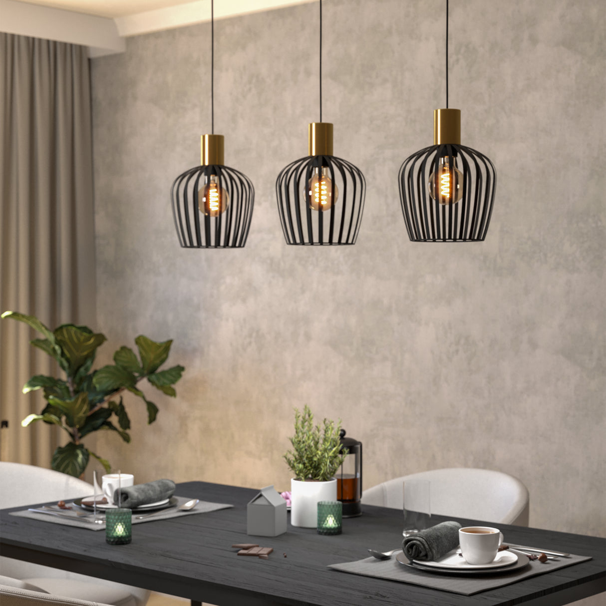 Eglo EU Empoli Black & Brushed Brass 3 Pendant Light