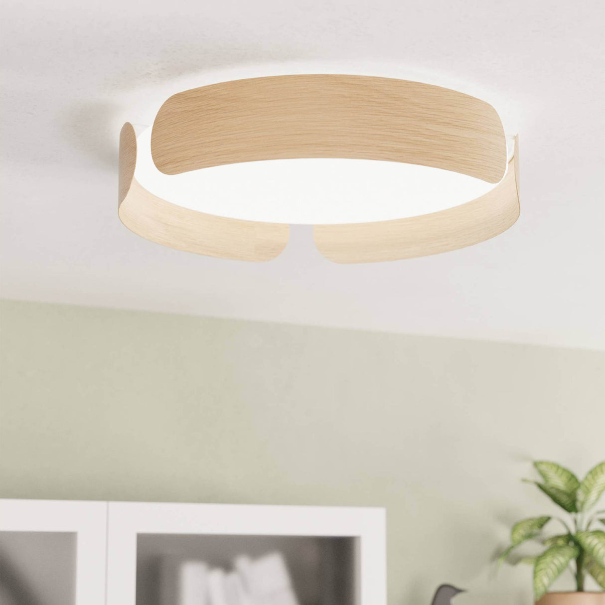 Eglo EU Valcasotto Ceiling Light Wood Look 40 cm Round LED Ceiling Light with Curved Wooden Accents