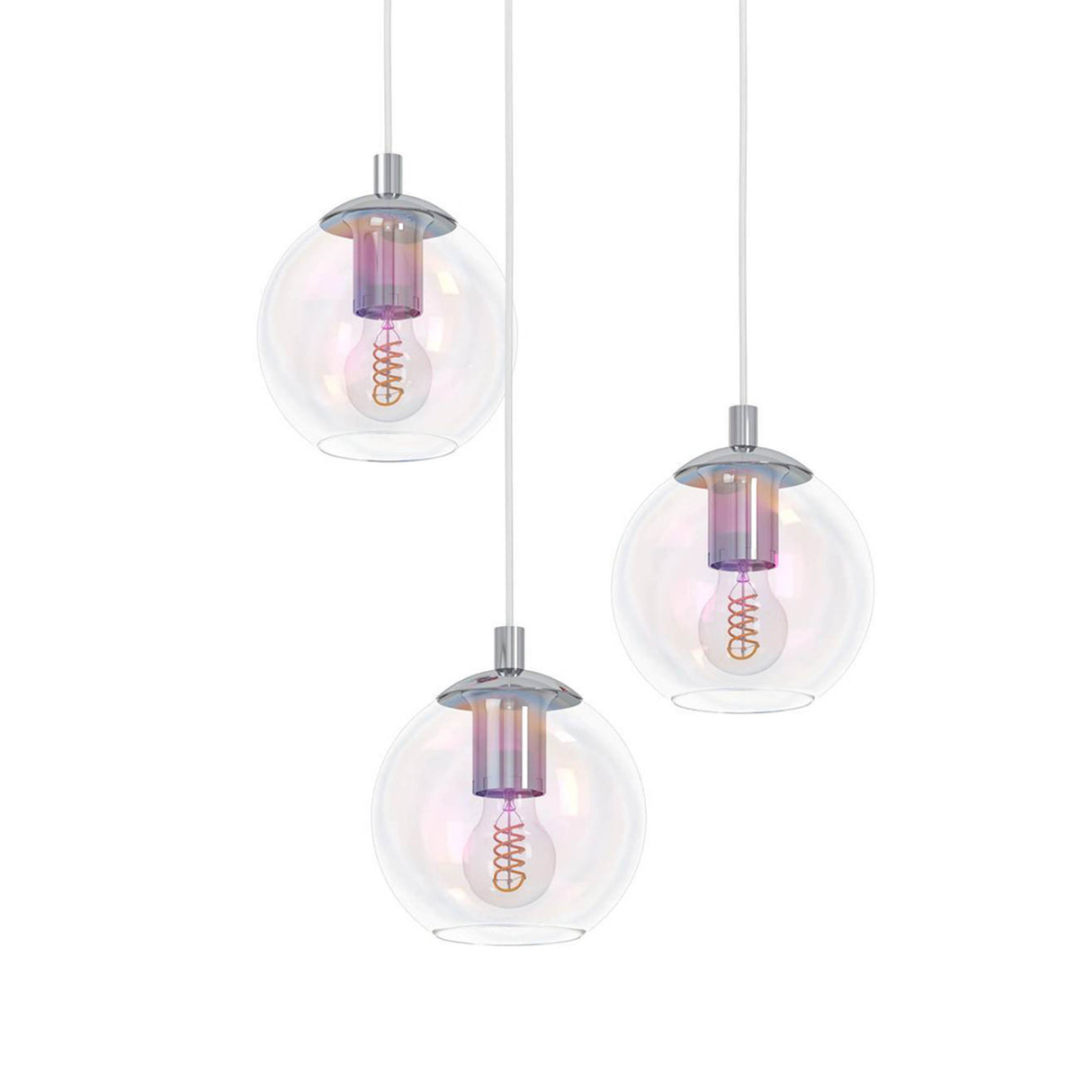 Eglo EU Ariscani 2 Three Light Cluster Hanging Pendant with Staggered Iridescent Clear Glass Globes E27
