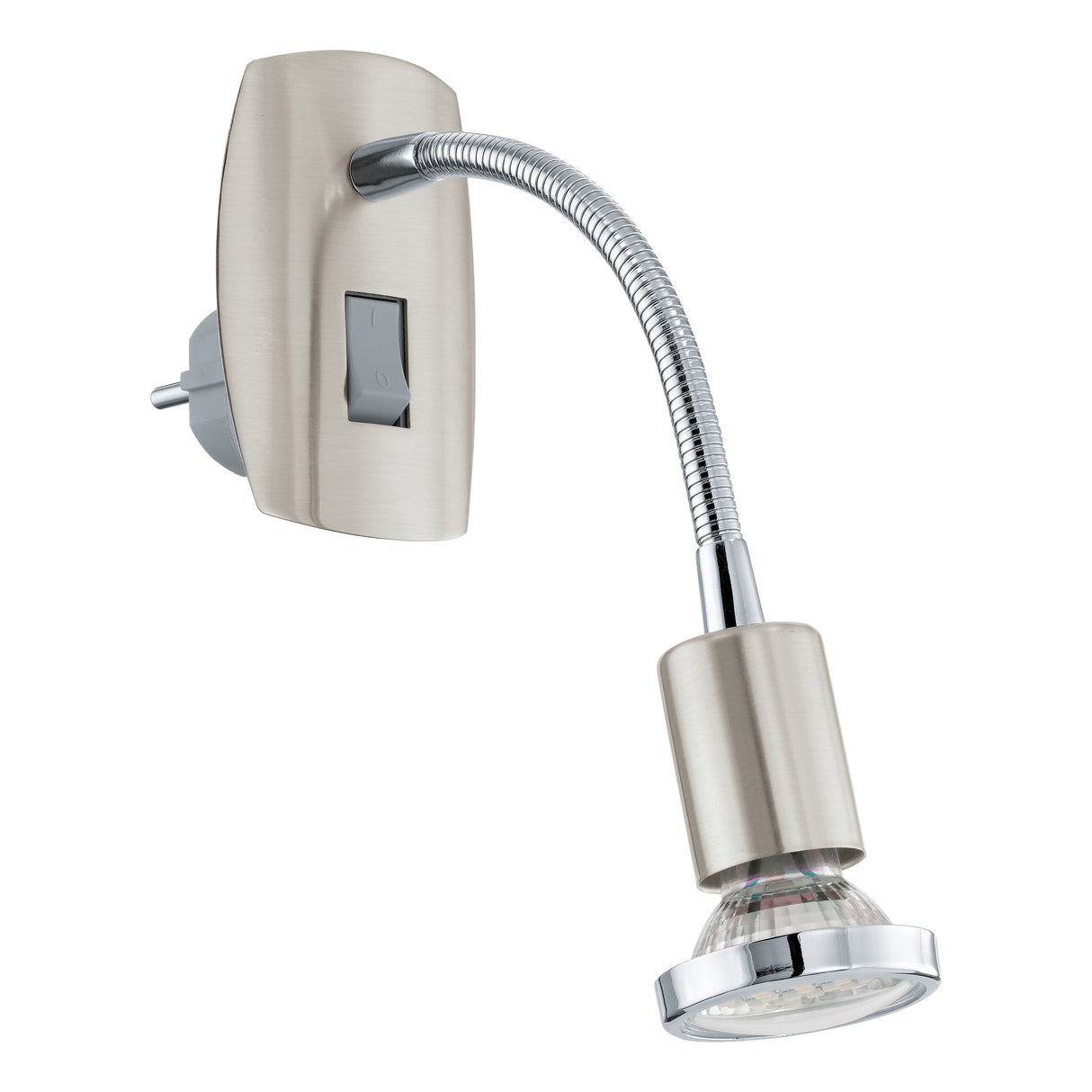 Eglo EU MINI?4 Plug?in Light – Satin Nickel & Chrome Steel, GU10 LED, Warm White, Indoor Wall Spotlight