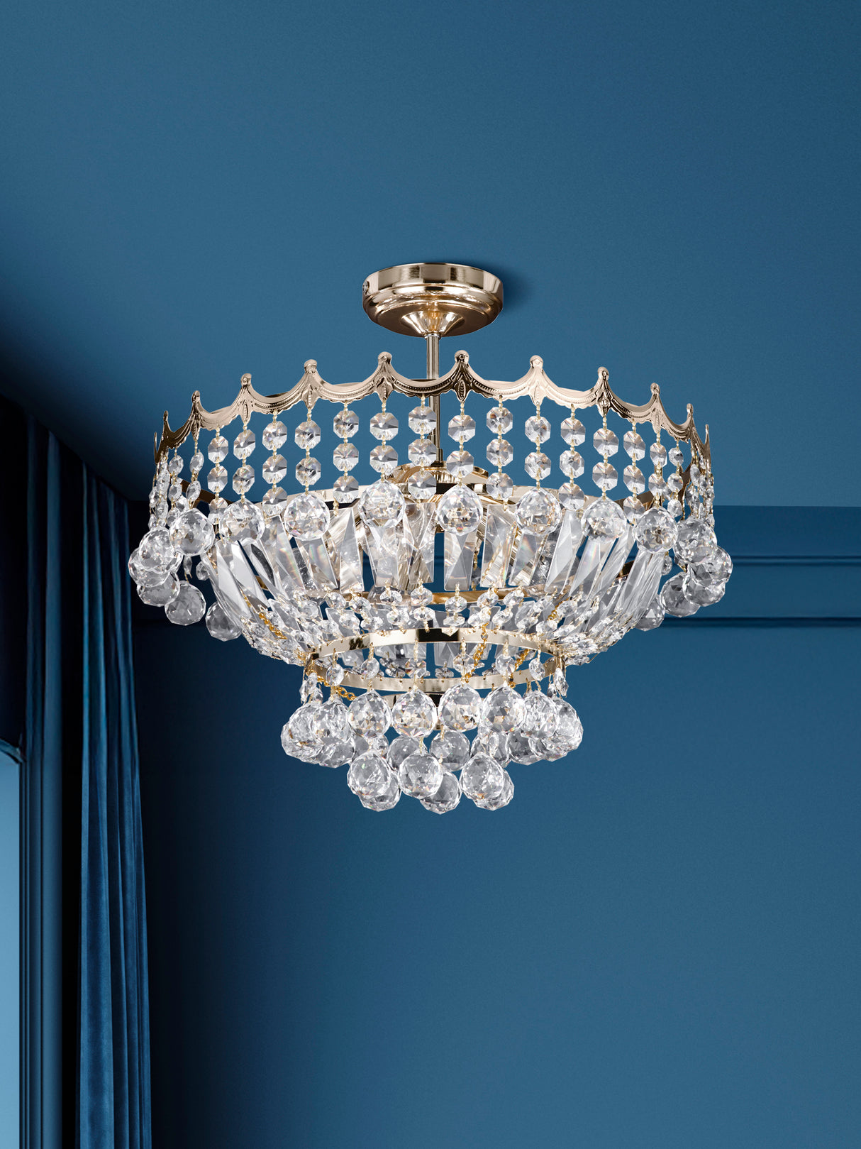 Searchlight Electric Versailles 5Lt Semi-Flush Chandelier - Gold Metal & Crystal 9113-39GO