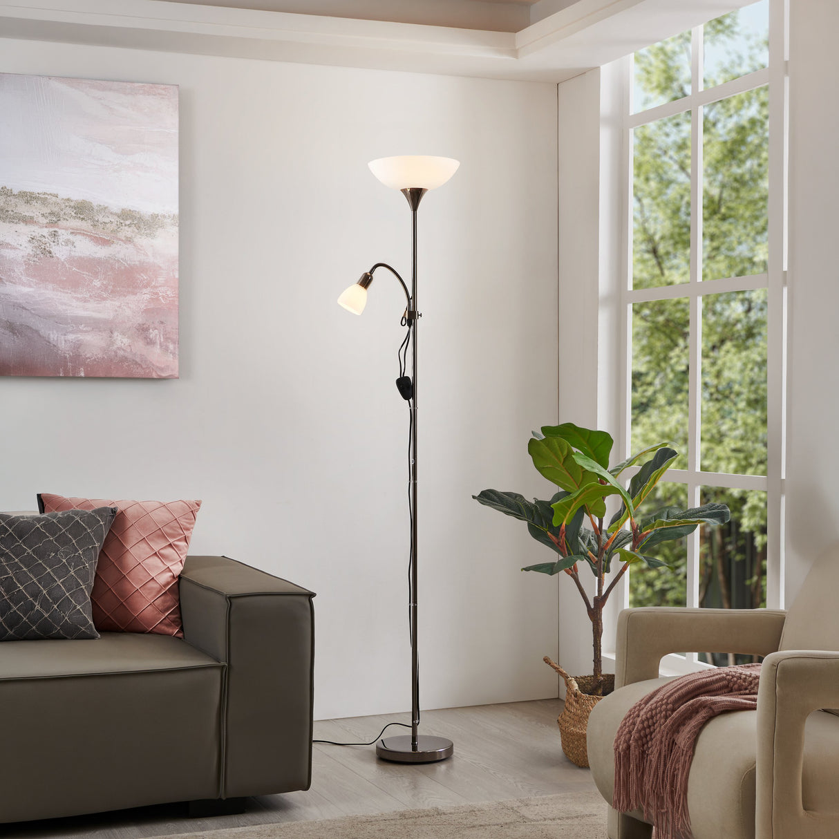 Eglo EU UP?2 Floor Lamp – Nickel Nero Uplighter with Reading Light, E27 & E14, Inline Switch