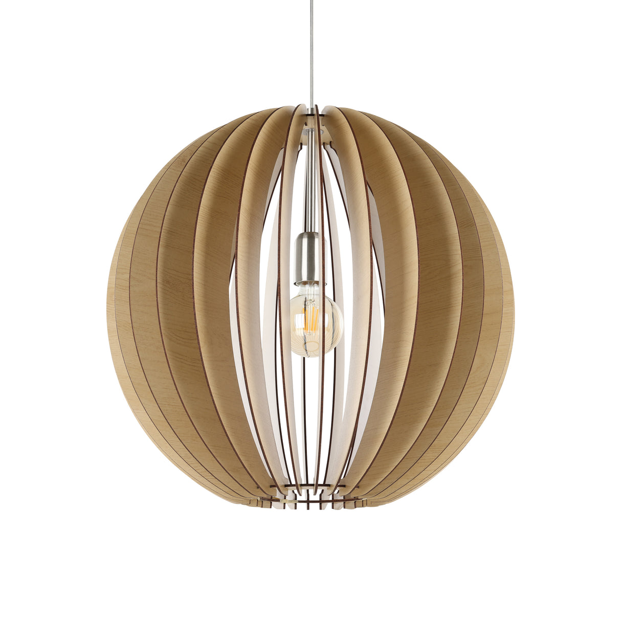 Eglo EU COSSANO Pendant Light – Maple Wood Slats, Satin Nickel, E27, Large Decorative Indoor Ceiling Light