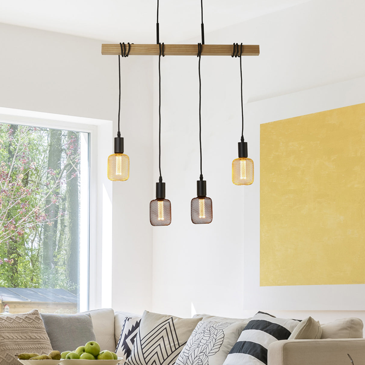 Searchlight Electric Woody 4Lt Bar Pendant - Natural Wood & Black Metal 95041-4BR