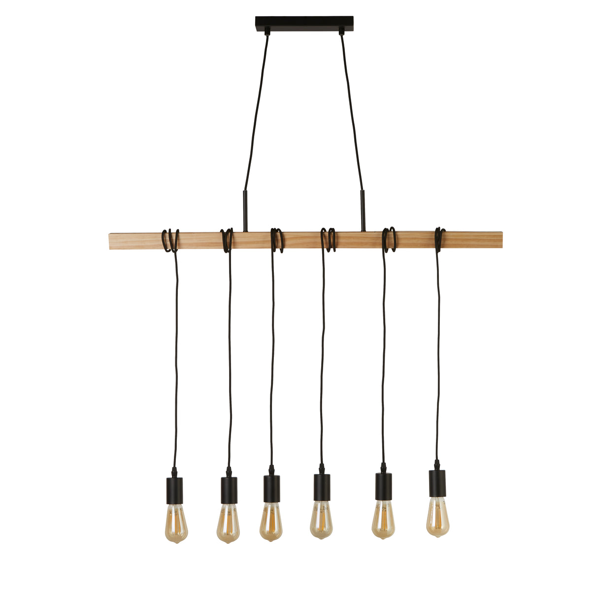 Searchlight Electric Woody 6Lt Bar Pendant - Natural Wood & Black Metal 95041-6BR