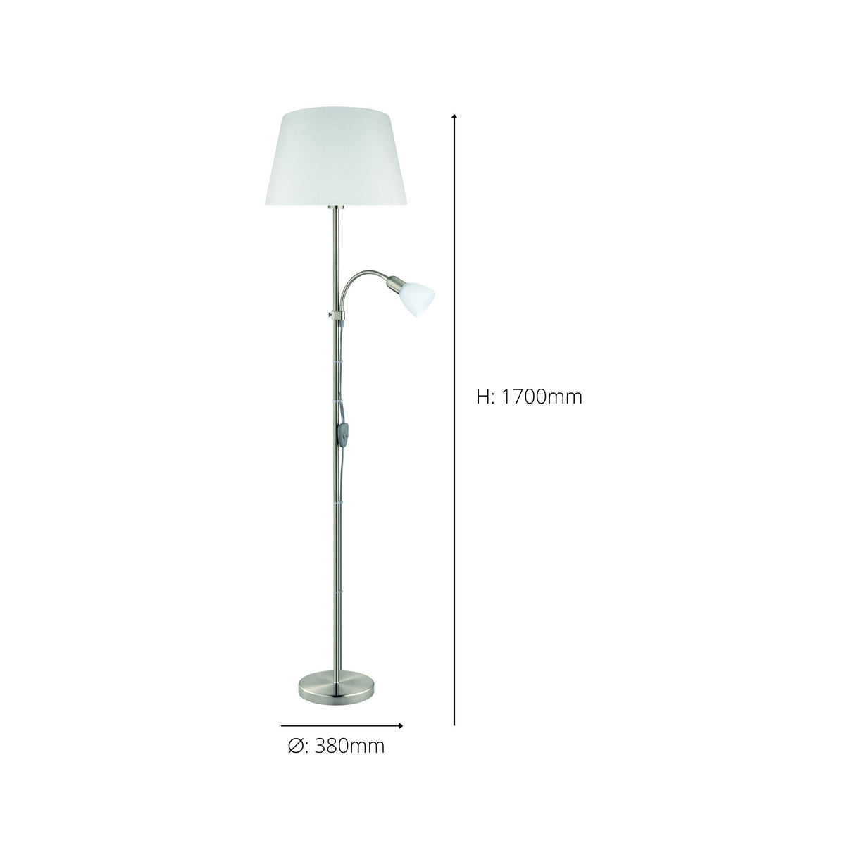 Eglo EU CONESA Floor Lamp – Satin Nickel with White Fabric Shade & Reading Light, E27 & E14, Inline Switch