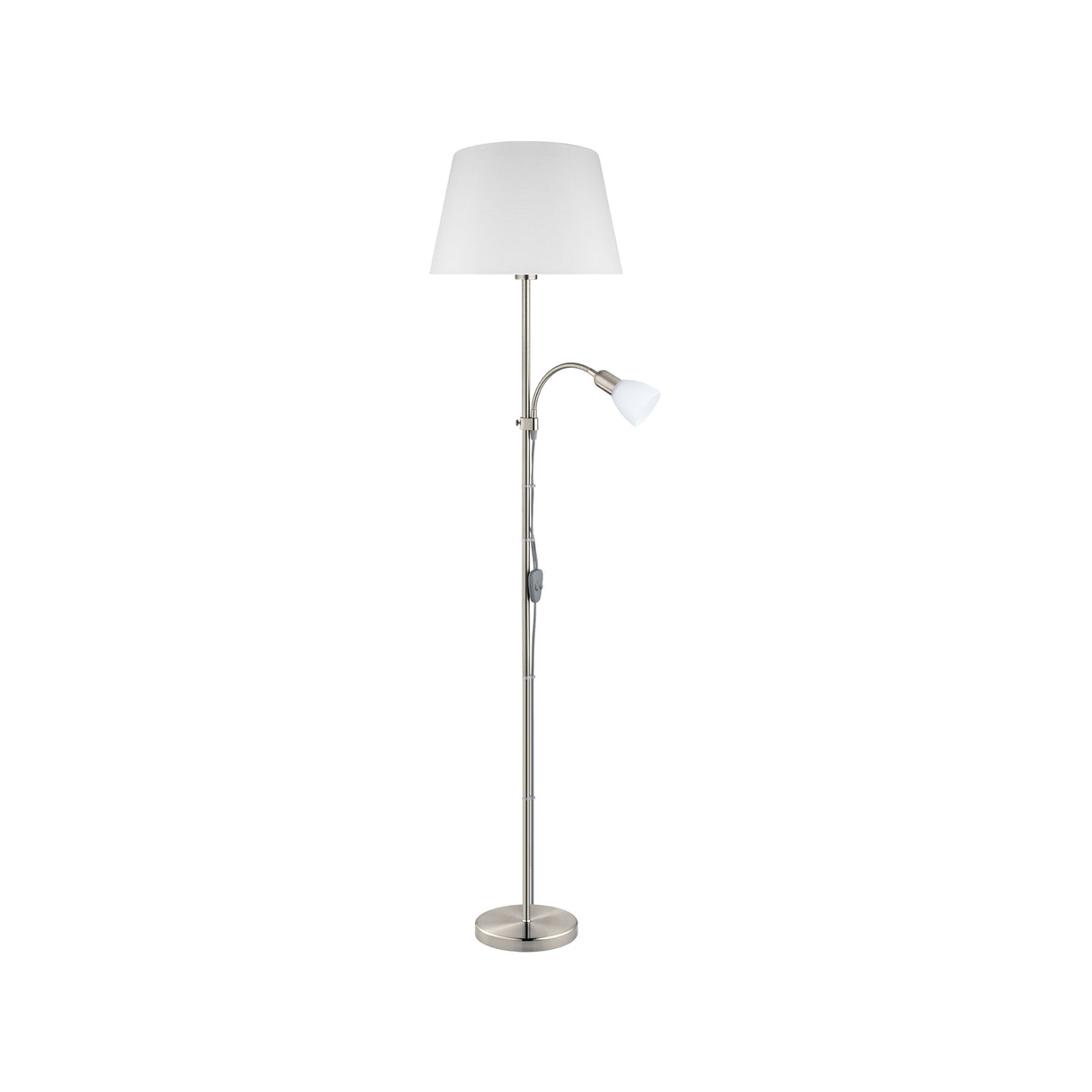 Eglo EU CONESA Floor Lamp – Satin Nickel with White Fabric Shade & Reading Light, E27 & E14, Inline Switch