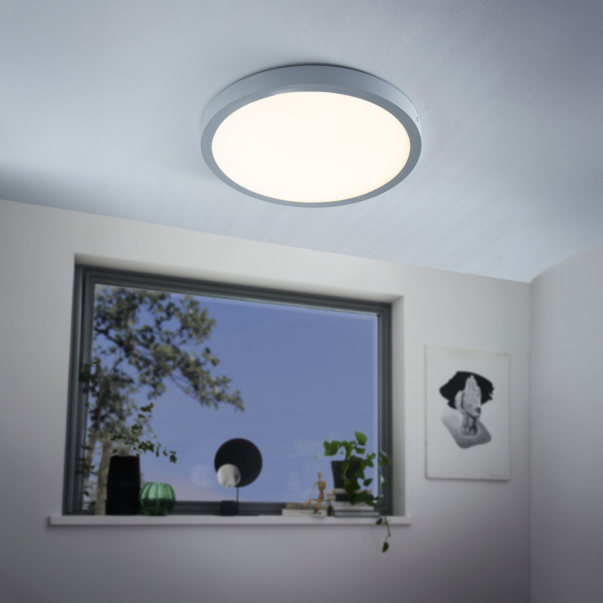 Eglo EU FUEVA?1 LED Ceiling Light – Ultra?Slim Surface Mounted Panel, Warm White, 2500?lm, Silver