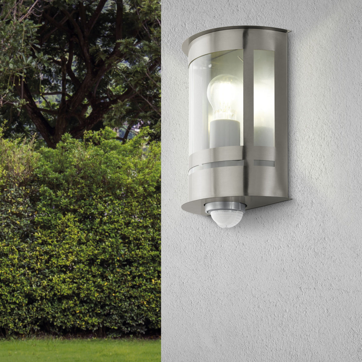 Eglo EU TRIBANO Outdoor Wall Light – Stainless Steel, Motion & Day/Night Sensor, E27, IP44 Exterior Lighting
