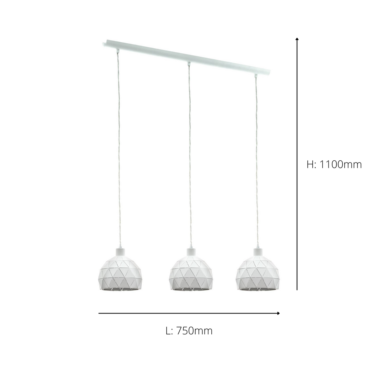 Eglo EU Roccaforte White Metal 3 Light Ceiling Pendant, (L) 75cm