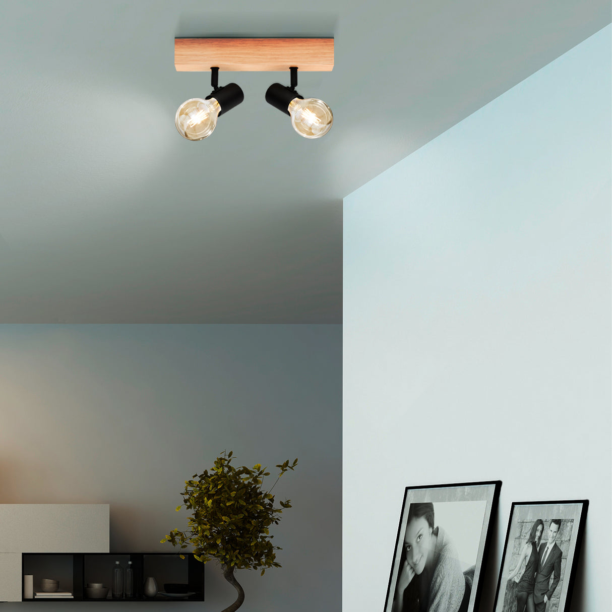 Eglo EU Townshend 3 Wood & Steel Industrial Ceiling 2 Light Spot, Black & Brown