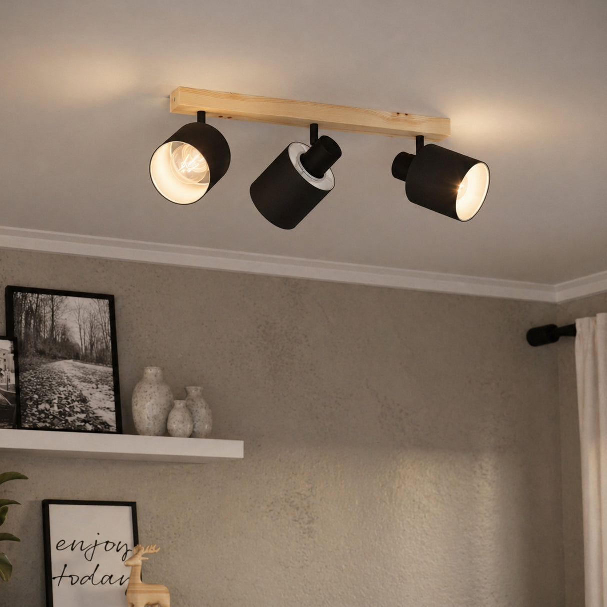 Eglo EU BATALLAS Spot Light – Wood & Black Steel Finish, E27 Fitting, Indoor Adjustable Ceiling/Wall Spot, 480mm