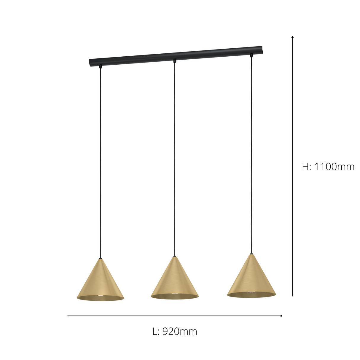 Eglo EU Narices Art-Deco Brass 3-Light Pendant - Conical Brushed Metal Shades, New Nordic Style, E27 - (D) 110cm