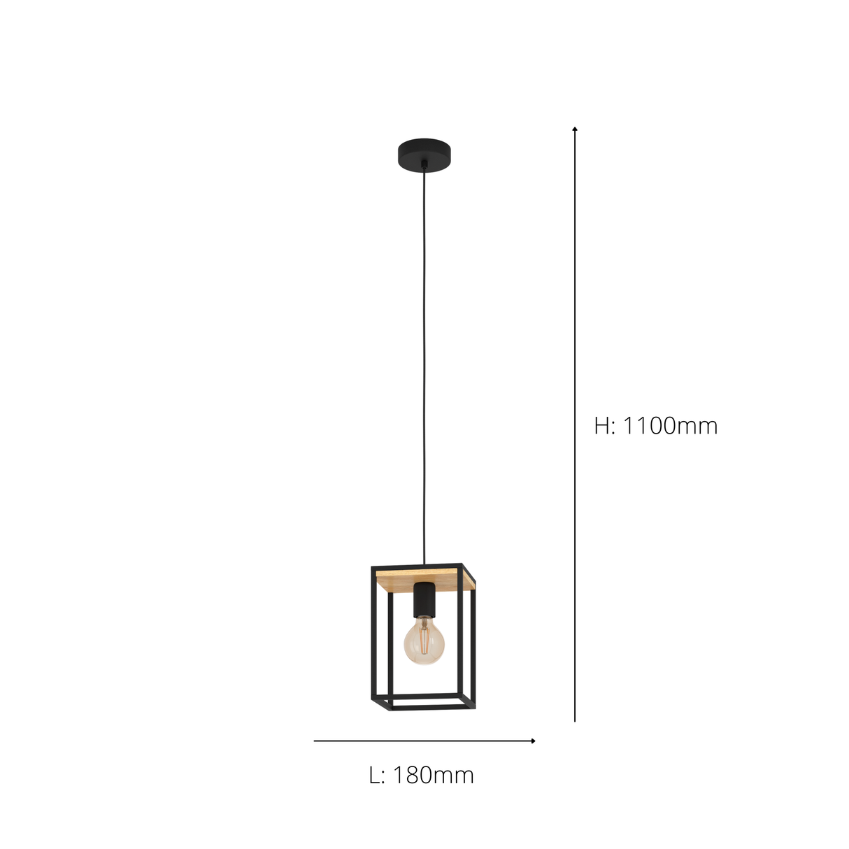 Eglo EU Libertad Black And Natural Metal And Wood 1 Light Ceiling Pendant, (D) 18cm