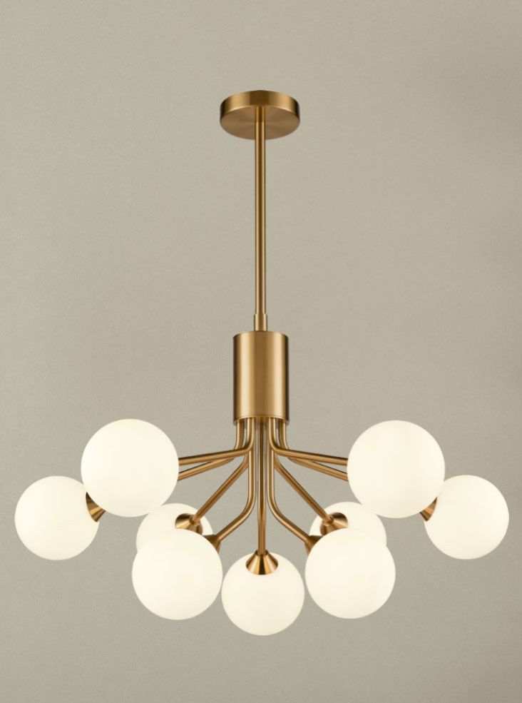 Franklite Cosmic 9 light pendant in antique gold with matt opal glass Cosmic part no - FL2470-9-378