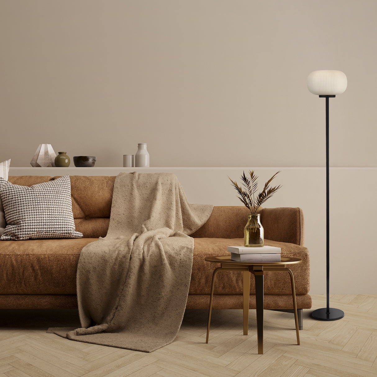 Searchlight Electric Lumina Floor Lamp - Black Metal & Opal Ribbed Glass 10274-1BK