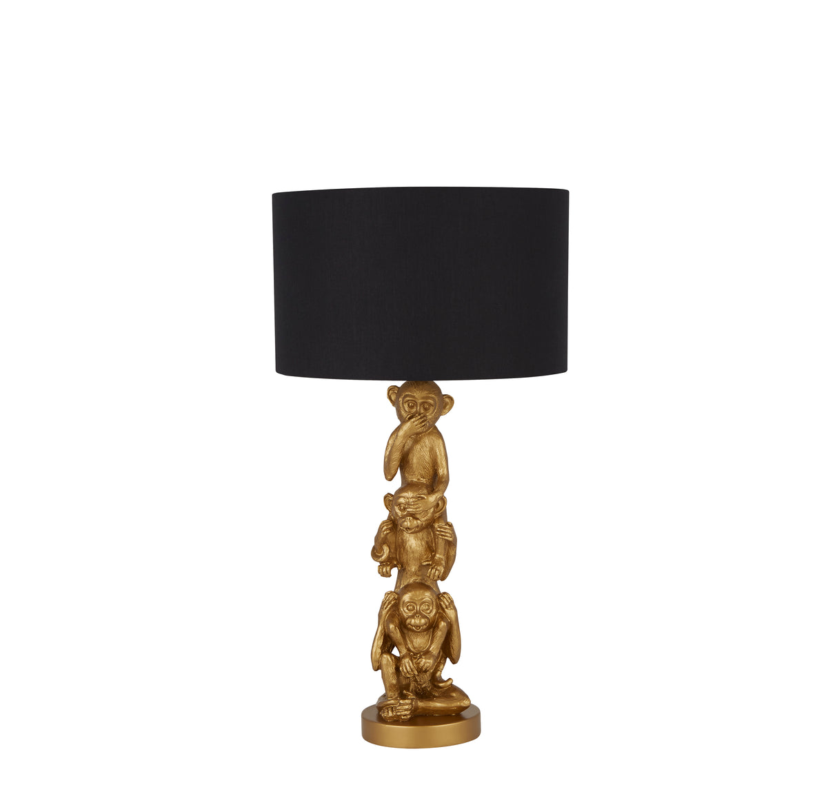 3 Wise Monkeys Table Lamp - Gold Resin & Black Fabric Shade