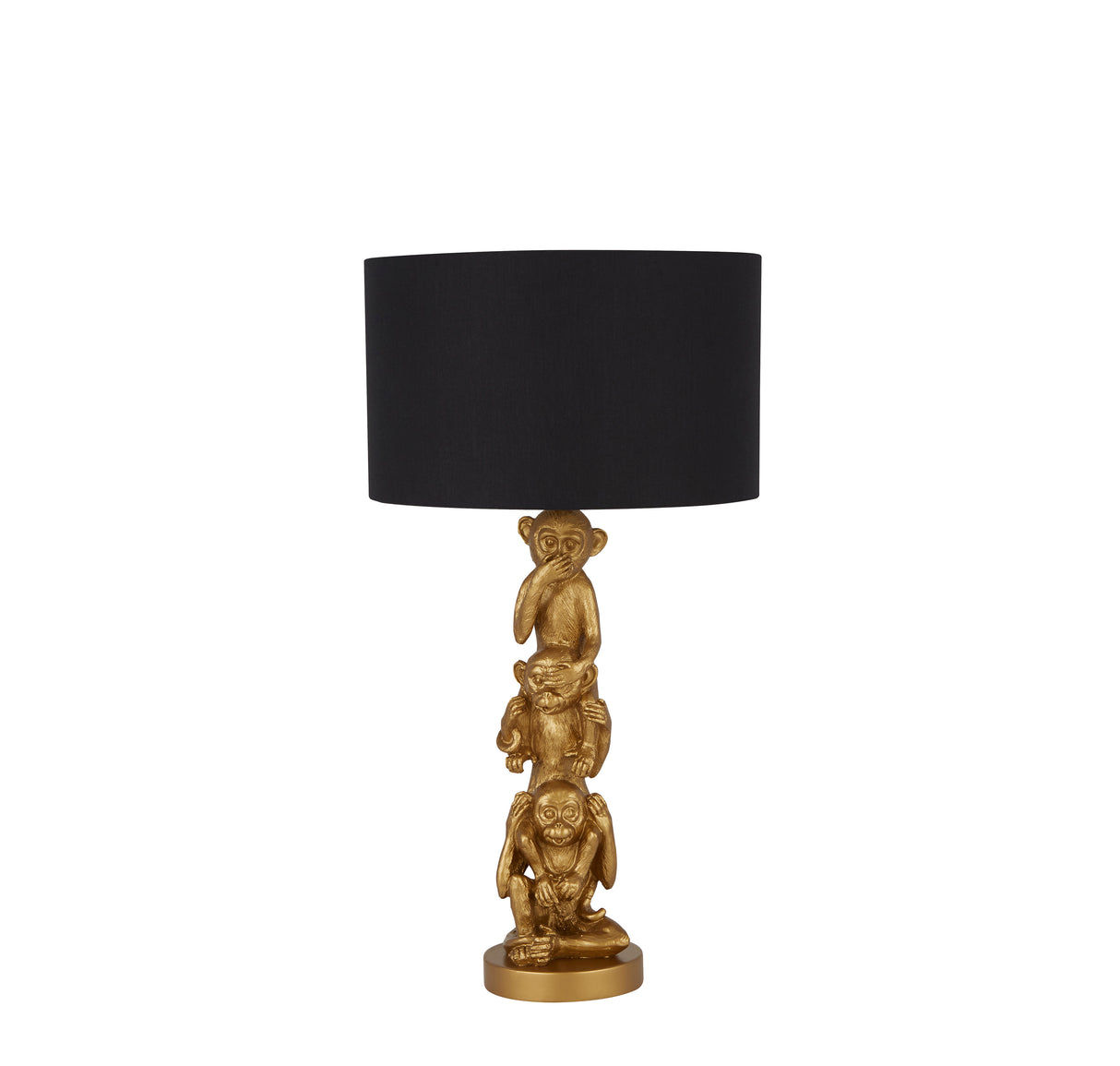 Searchlight Electric 3 Wise Monkeys Table Lamp - Gold Resin & Black Fabric Shade 1030GO