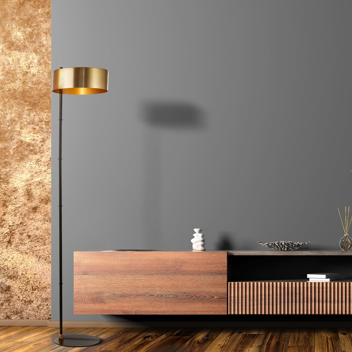Searchlight Electric Knox Floor Lamp - Black & Gold Metal 20225-1GO