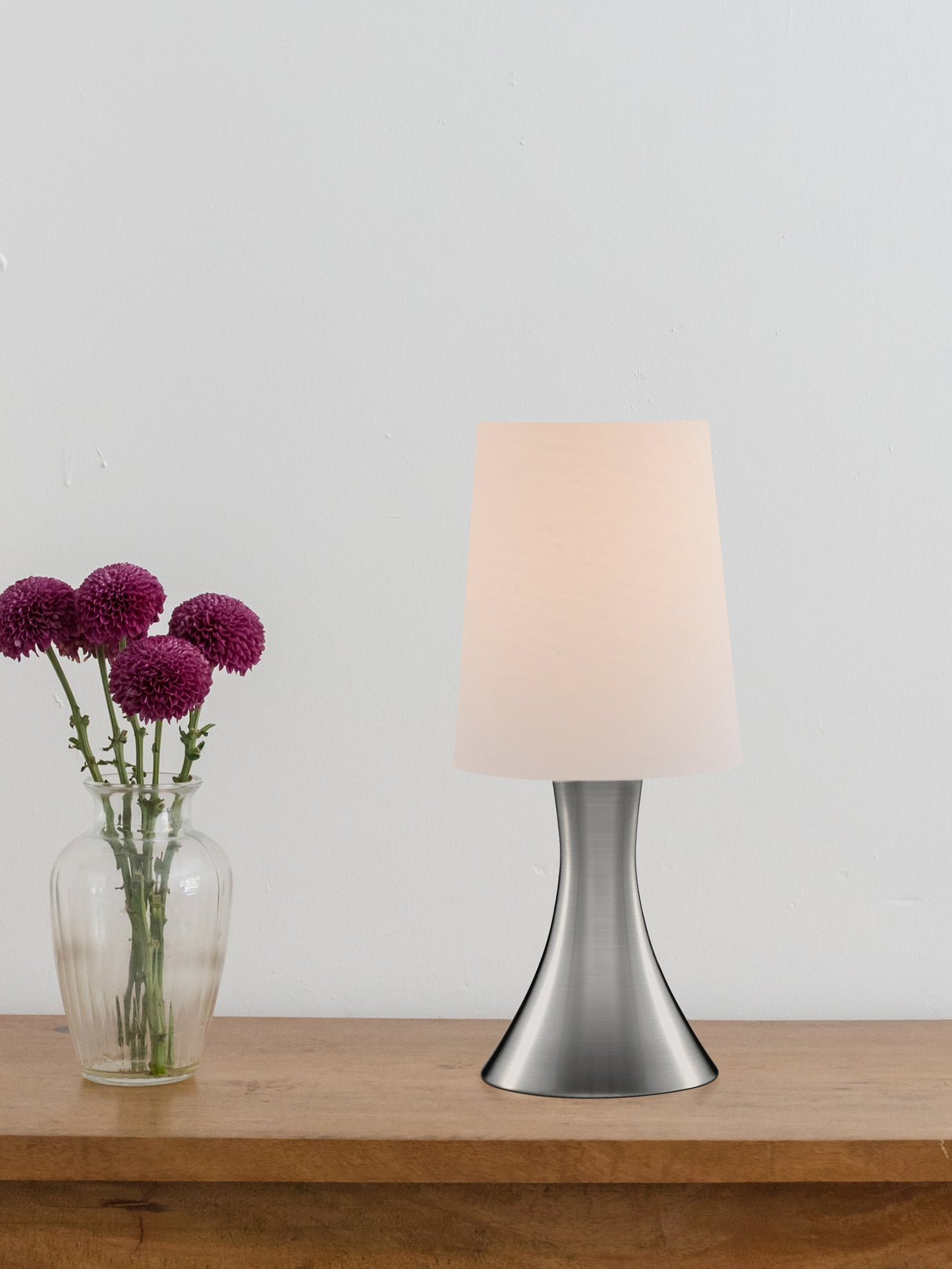 Searchlight Electric Touch Table Lamp - Satin Silver Metal & White Fabric Shade 3922SS