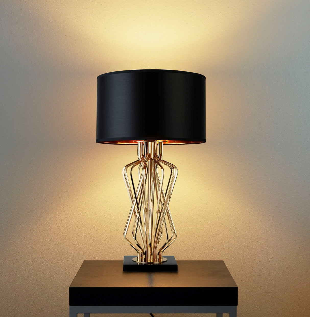 Searchlight Electric Ethan Table Lamp - Gold Metal, Black Marble & Black Fabric 4110GO