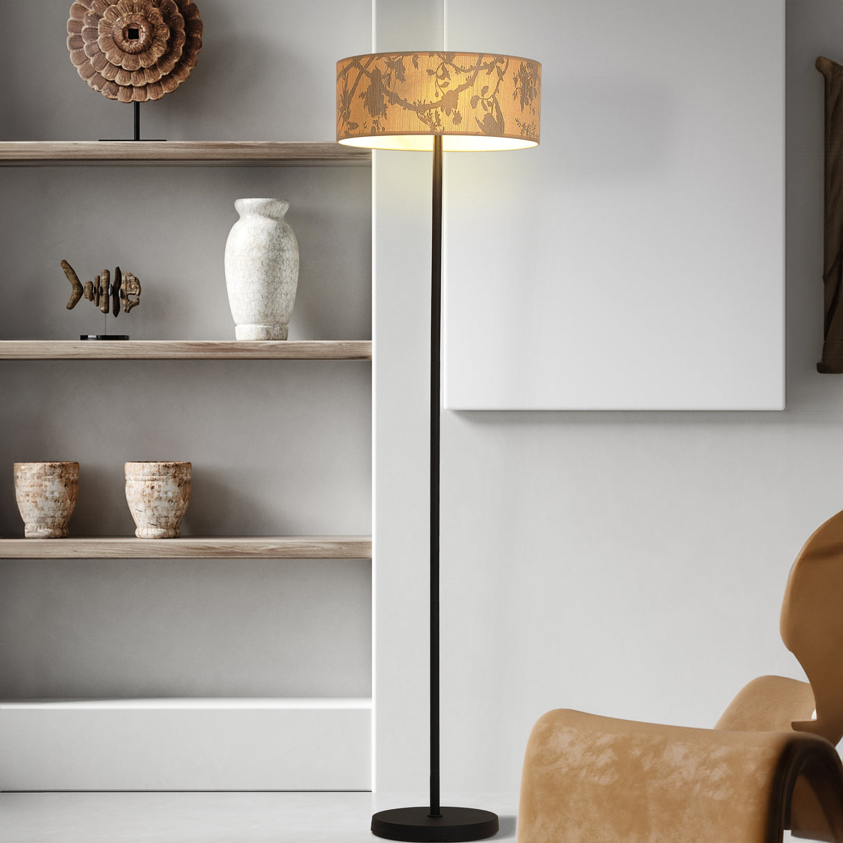 Searchlight Electric Isla 3Lt Floor Lamp, Recycled Paper Shade and Black Metal 47812NA