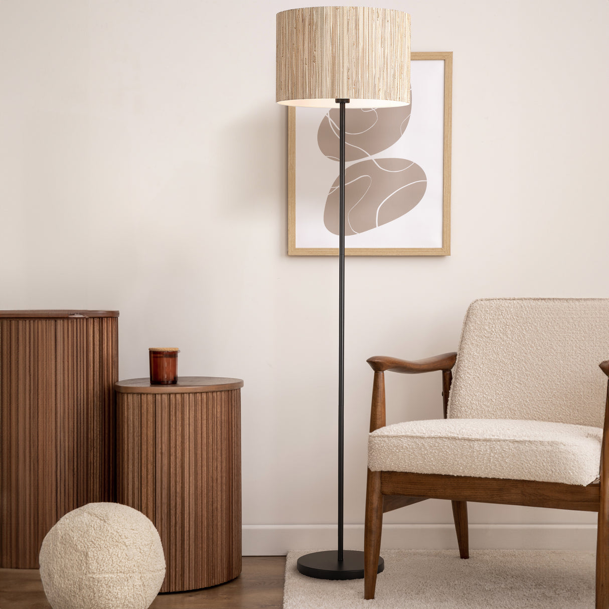 Searchlight Electric Meadow 1Lt Floor Lamp, Natural Grass Shade and Black Metal 49713BK