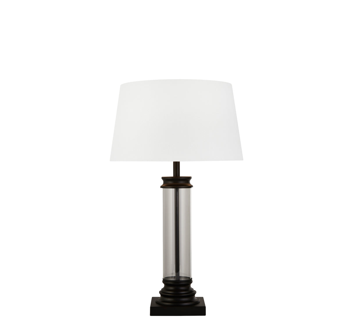Pedestal Table Lamp- Black Metal, Glass & White Fabric Shade