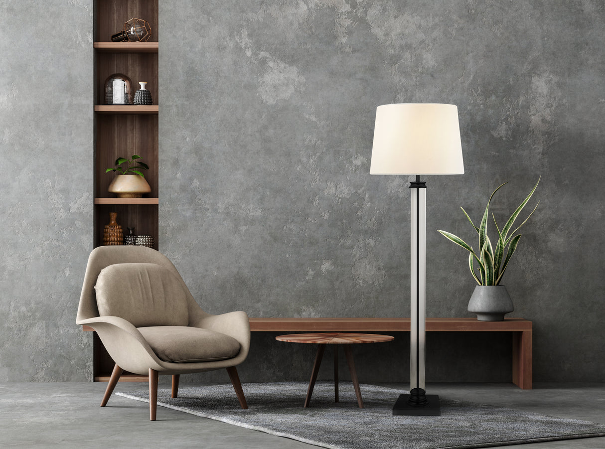 Searchlight Electric Pedestal Floor Lamp- Black Metal, Glass & White Fabric Shade 5142BK