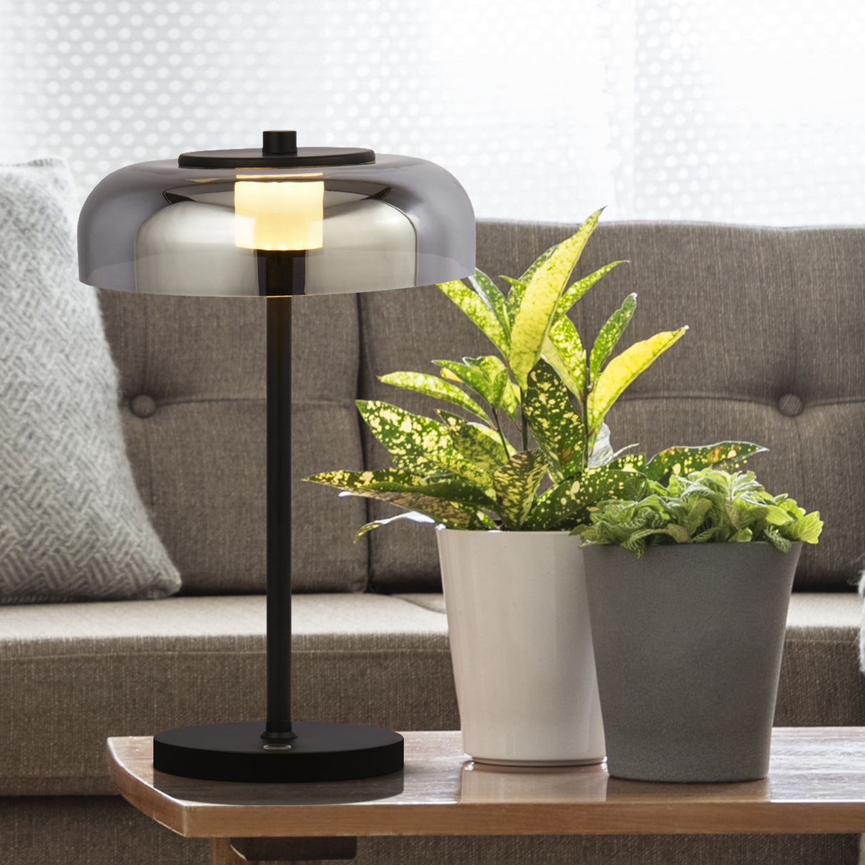 Searchlight Electric Frisbee Table Lamp - Black Metal & Smoked Glass 59801-1SM