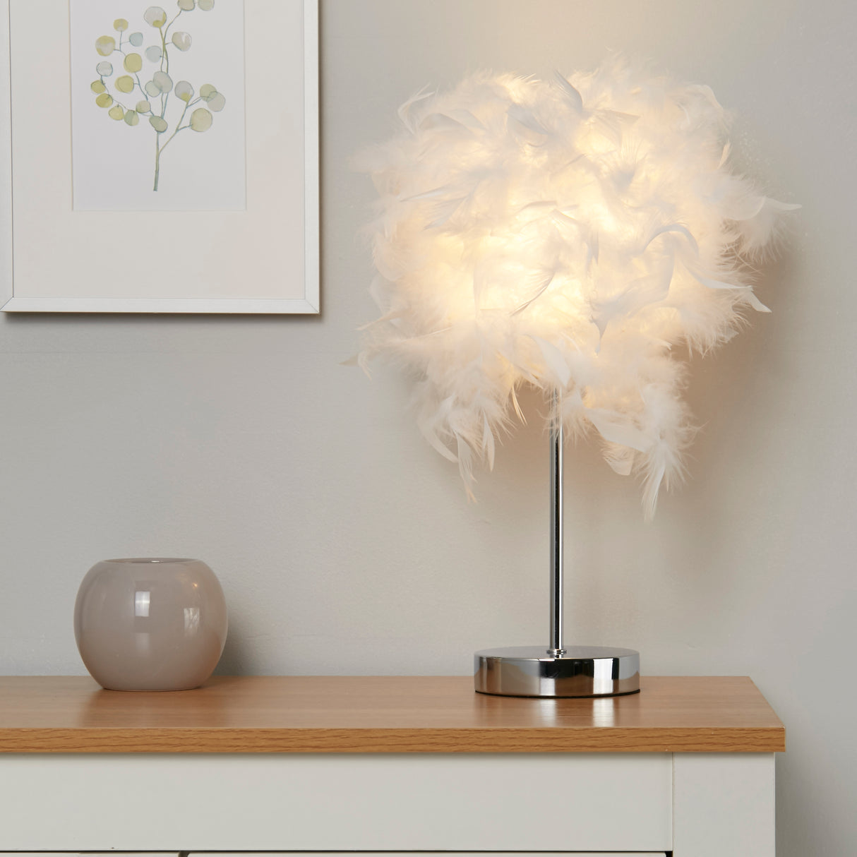 Searchlight Electric Hattie Table Lamp - White Feather & Chrome Metal 60392CC