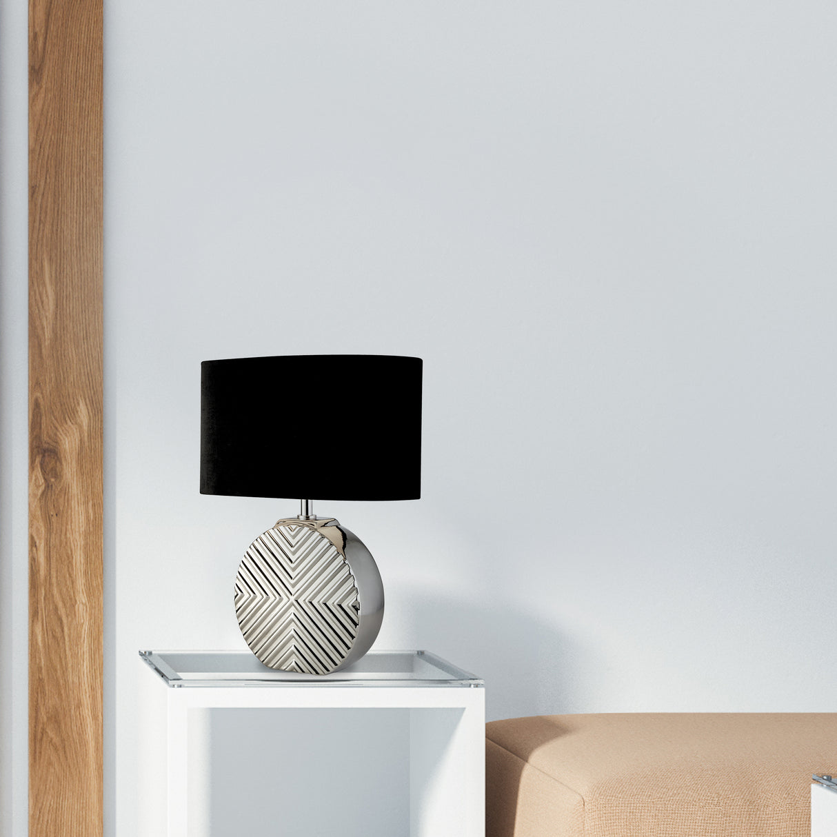 Searchlight Electric Regen Table Lamp - Chrome Ceramic with Black Fabric Shade 60804CC